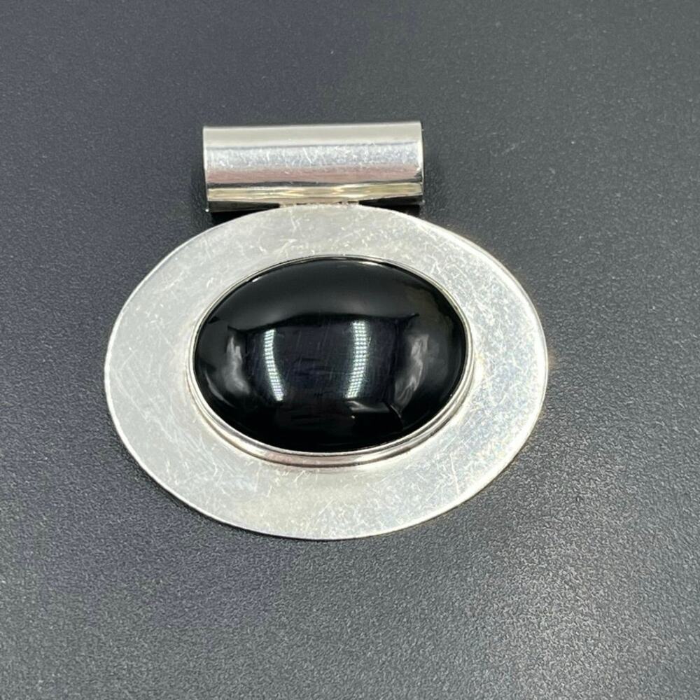 Vintage Sterling Silver Large Mexico TJ-78 Black Onyx Oval Modernist Pendant